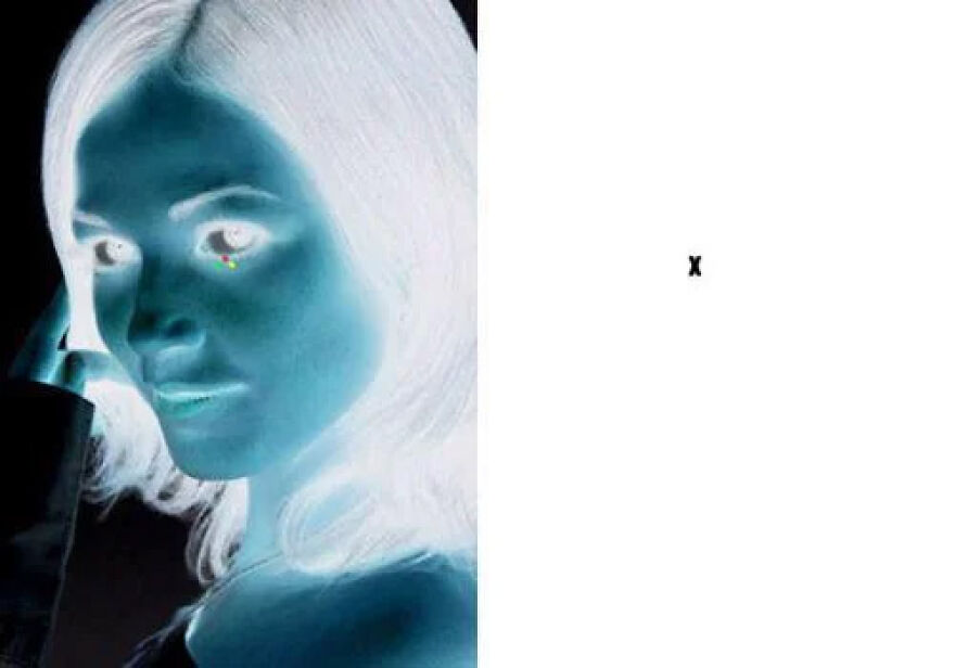 An optical illusion. Inverted face of a woman (cyan skin, white hair) on left; black 'x' on white background on right.