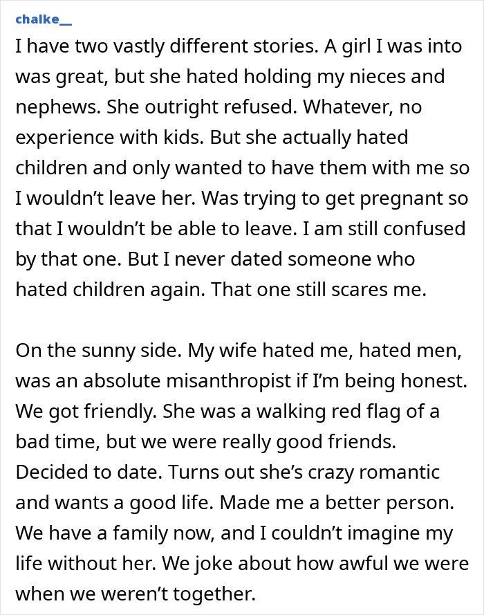 A screenshot of a personal story about relationships, detailing red flags and ending things with partners.
