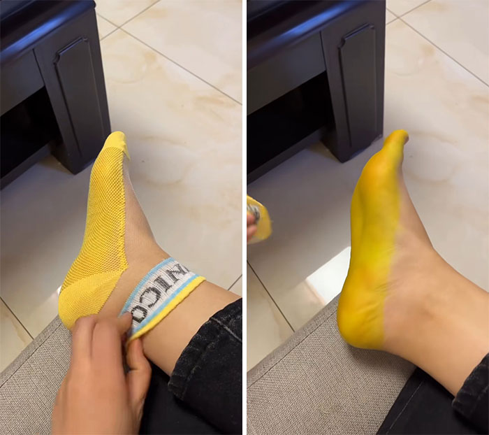 Person removing yellow socks from foot, revealing stained yellow skin, illustrating a funny Temu order experience.