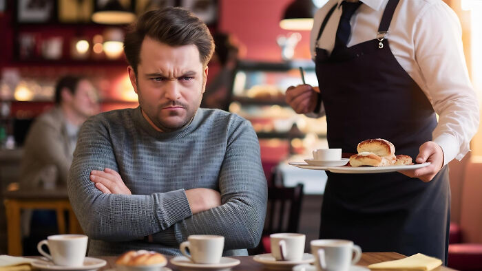 Man looking frustrated on a first date at a cafe showing red flags, instant regret, and no callback signs.