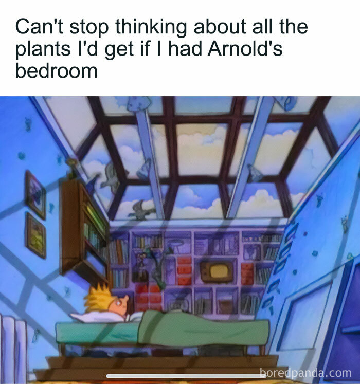 A meme image shows Arnold from Hey Arnold! in bed, with text about getting plants in his bedroom. Perfect for plant parents.