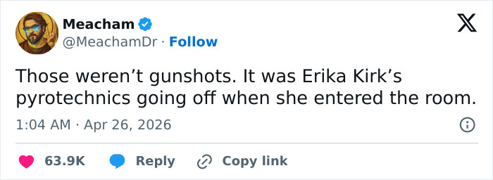 A tweet from Meacham joking about pyrotechnics instead of gunshots, reacting to a White House dinner security incident.