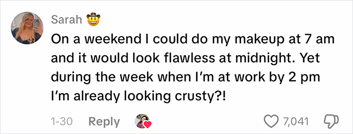Social media comment complaining about office air making makeup look crusty by 2 pm during work hours.
