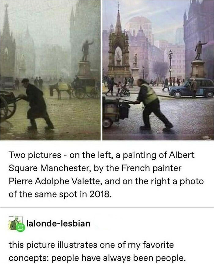 Side-by-side image of Albert Square Manchester painting and 2018 photo, showing relatable humor in everyday life moments.