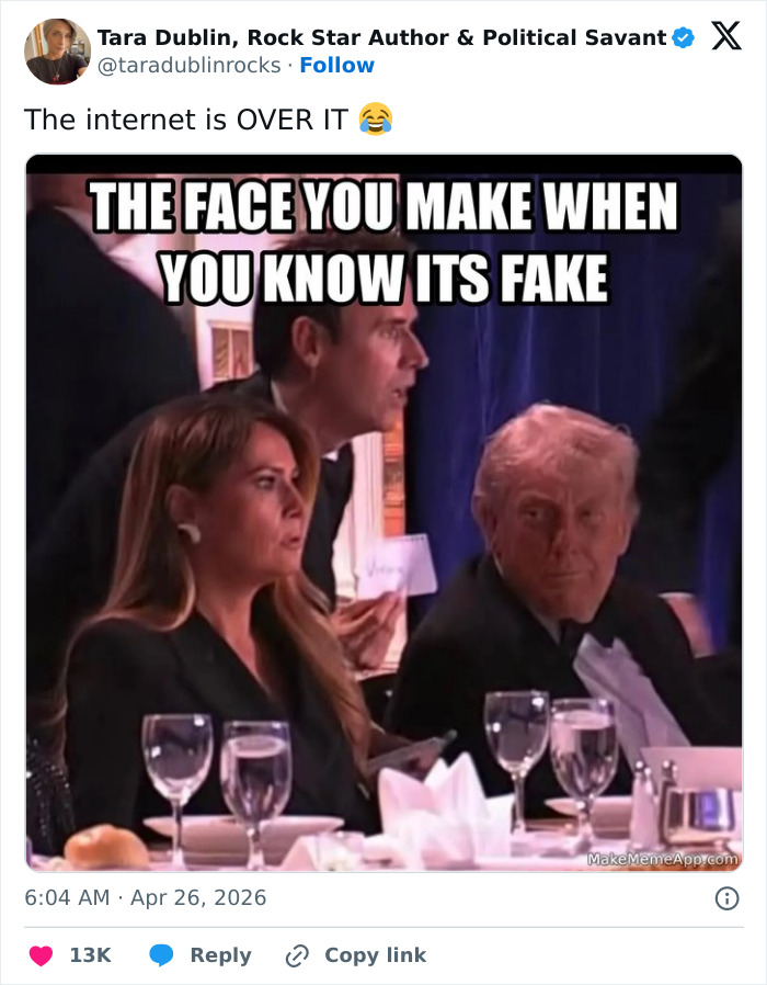 Meme about a security incident at White House dinner. A man and two women with curious expressions. Netizens react.