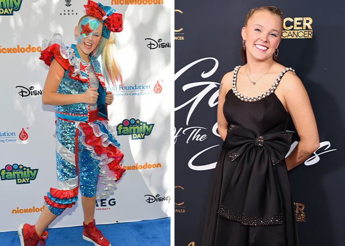 A split image shows JoJo Siwa 6 years ago in a sparkly colorful outfit and now in a black dress, highlighting a dramatic transformation.
