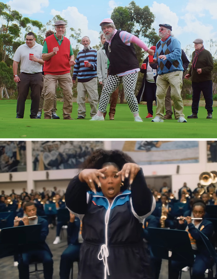 Two scenes: older men dancing on a golf course, and Lizzo performing with a band. Things went down 6 years ago.