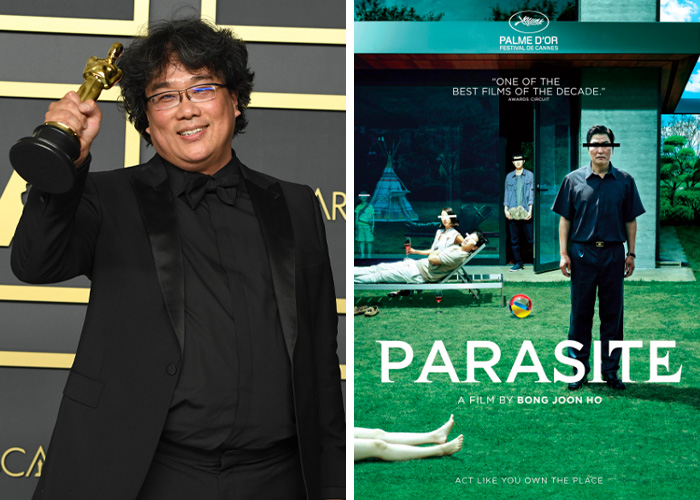 Bong Joon-ho holding an Oscar, beside the Parasite movie poster. A film from 6 years ago, but sounds unreal today.