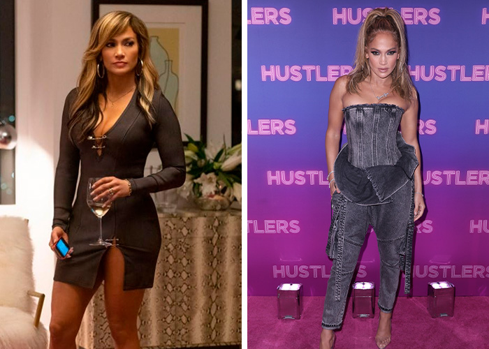 Jennifer Lopez in a black dress holding a wine glass and in a denim corset and pants, things that went down 6 years ago.