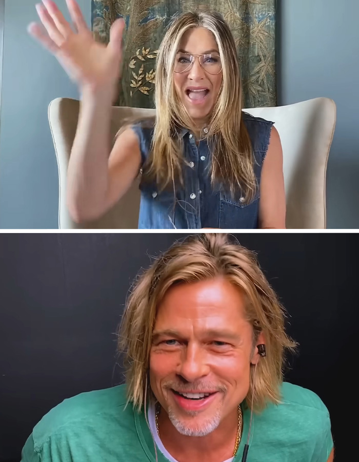 Jennifer Aniston and Brad Pitt in a split screen. Aniston waves, Pitt smiles. Recalling things that went down 6 years ago.