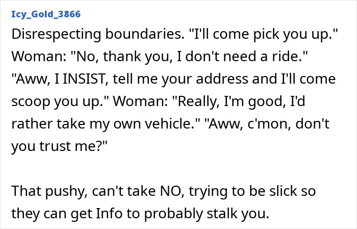 Text discussing disrespecting boundaries and a pushy person trying to get information, sharing a red flag from relationships.