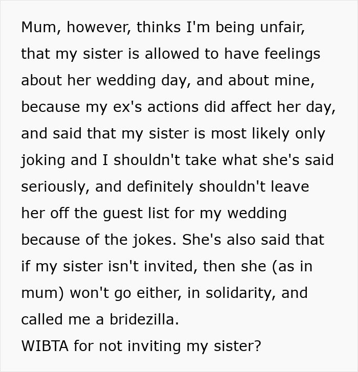 Woman worries sister will sabotage wedding over past incident, considers uninviting her to avoid conflict on wedding day.