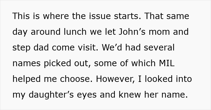 A text snippet describing the start of a baby name conflict at a family visit. The MIL wanted to pick a baby name.