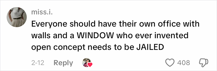 Comment criticizing open office concept and complaining about office air affecting appearance and work environment.