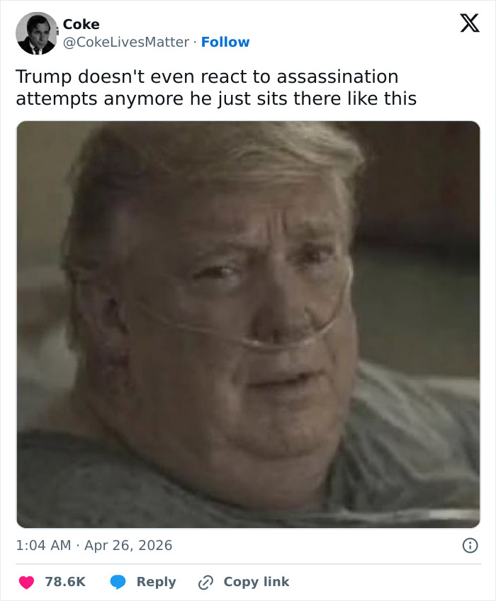 A tweet showing a still image of an older Donald Trump with a nasal cannula. Netizens react to this security incident post.