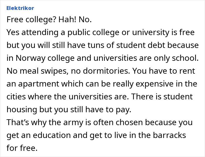 Text post about college in Norway debunking stereotypes about countries regarding free education due to living costs.