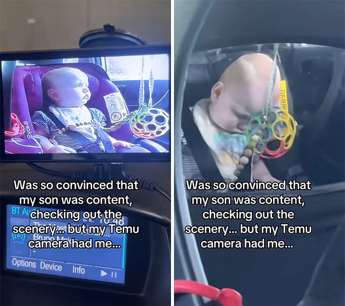Baby looking calm on Temu camera view contrasted with actual sleepy baby in car seat, a funny Temu order lesson.