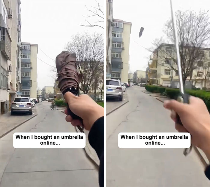 Person showing a broken umbrella ordered from Temu, illustrating a funny lesson about online shopping experiences.