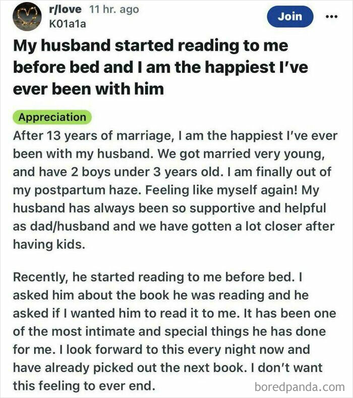 Screenshot of a wholesome Reddit story about a husband reading before bed highlighting appreciation and intimate family moments.