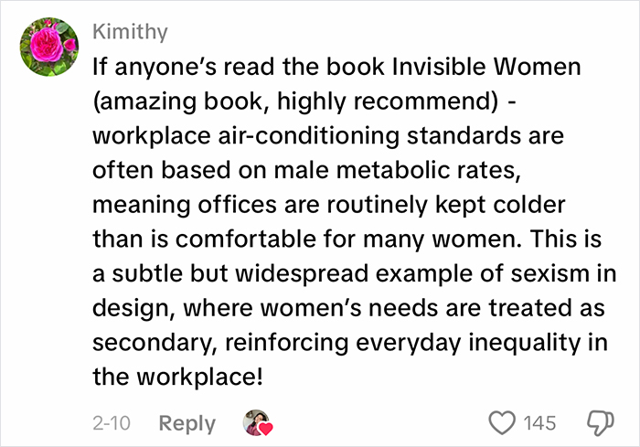 Comment discussing how office air-conditioning standards are based on male metabolic rates, causing discomfort for women at work.