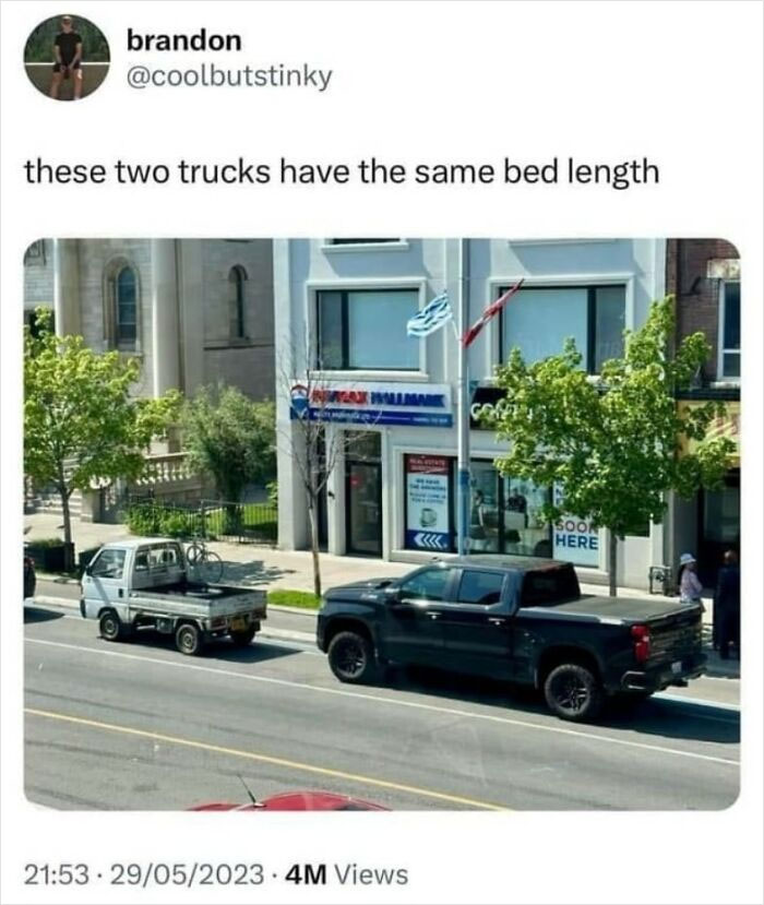 Two trucks parked side by side showing the same bed length, captured in a relatable humor meme about life.