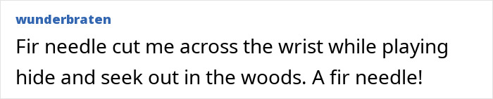 Text post describing a stupid injury story where a fir needle cut the wrist while playing hide and seek outdoors.