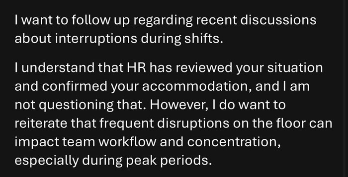 Manager's email about a woman's feeding tube disruptions in the office, impacting team workflow, HR approved accommodation.