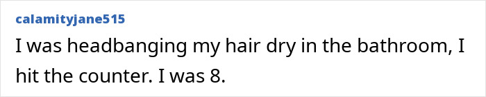 Text post describing a user sharing a stupid injury story about headbanging hair dry and hitting a bathroom counter.