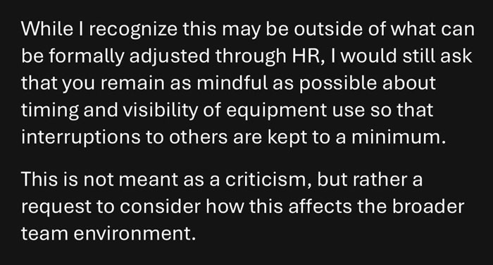A manager's message to a woman using a feeding tube, requesting mindfulness of its use in the office to avoid disruptions.