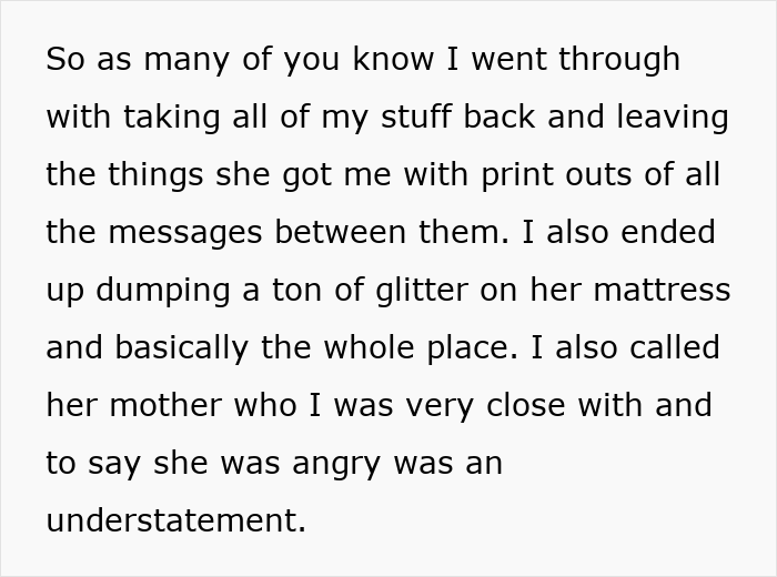 Text describing dumping glitter on mattress as revenge