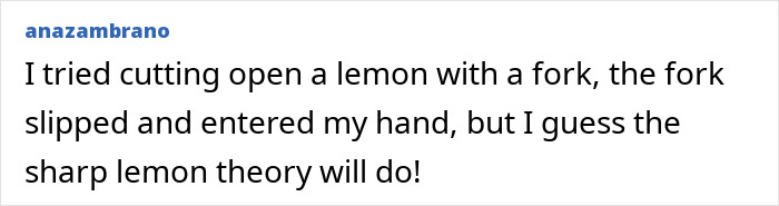 Comment from a user sharing a painful and funny stupid injury story involving a fork slipping into their hand.