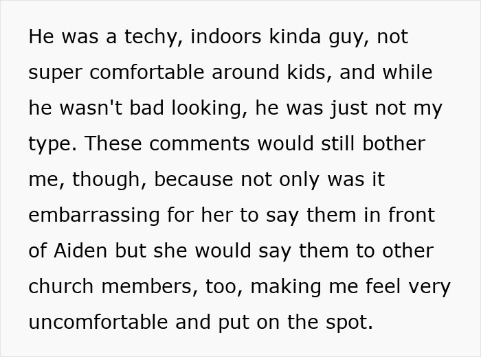 Text passage describing a woman's discomfort with her mom's embarrassing comments made in front of others, sounding like a soap opera.