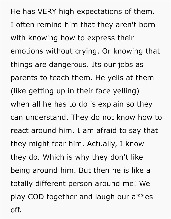 Text from a mom sharing how her husband is awesome to her but a complete jerk to their kids, causing fear in them.