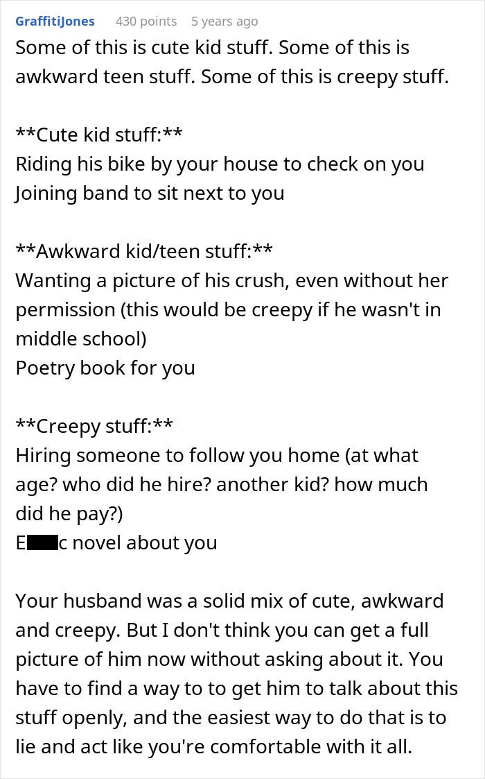 Text post discussing creepy confessions from a man starting at age 12, causing his girlfriend to question their relationship.