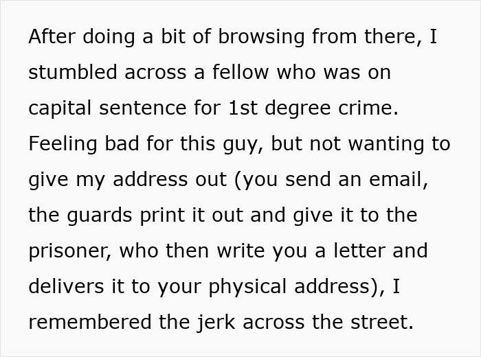 Text excerpt about 20-year-old writing to prisoner pen pal on behalf of rude neighbor, wife angry over pretending neighbor is gay.