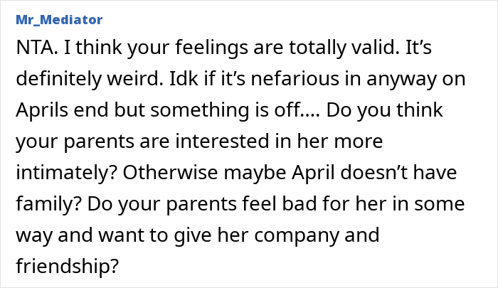 Commenter discussing a man confronting his parents about their 20-year-old best friend and being called controlling.