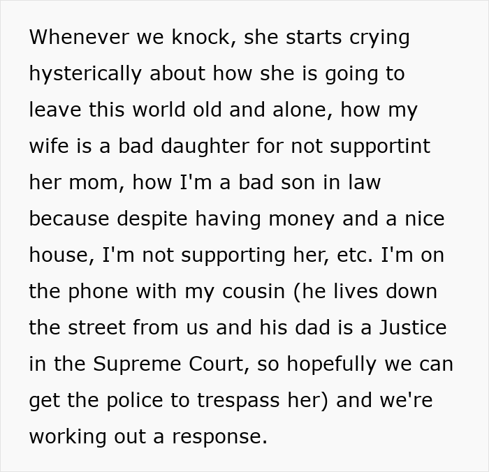 Alt text: Text describing toxic MIL refusing to leave daughter's home and son-in-law dealing with housing demands and emotional distress.