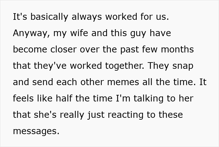 Text about a wife and her male coworker becoming closer, causing gut feeling issues for her husband.