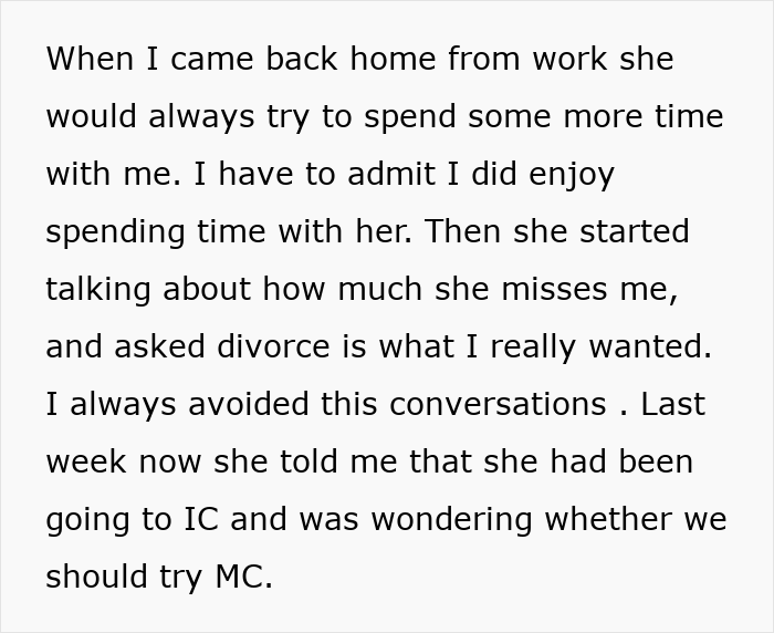 A white background with black text detailing a story about a woman trying to save her marriage and cancel the divorce.