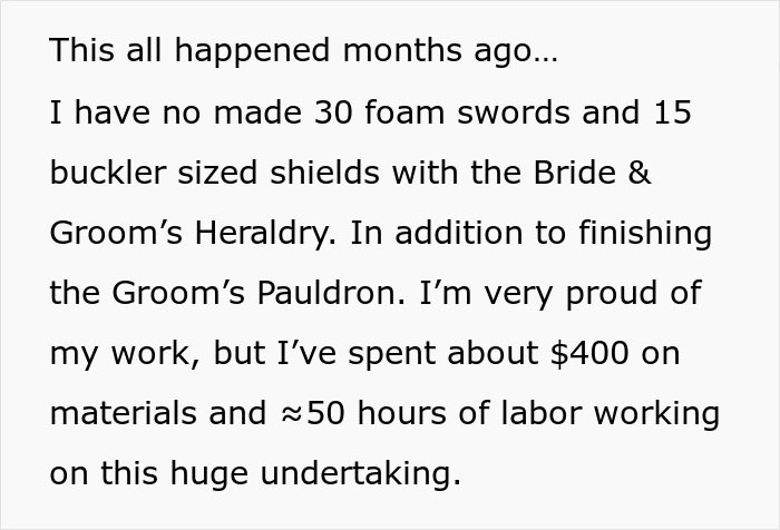 Text excerpt about crafting foam swords and shields, unrelated to ex-girlfriend cheating on guy or wedding conflicts.