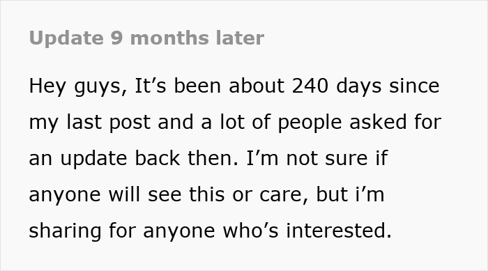 Text update, 9 months later, discussing if he went from Dad to Uncle, detailing 240 days since his last post. Text update, 9 months later, discussing if he went from Dad to Uncle, detailing 240 days since his last post.