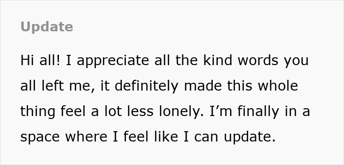 Text expressing appreciation for kind words and feeling less lonely