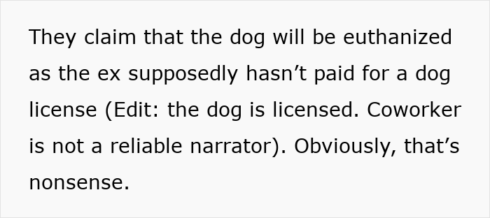 Alt text: Woman discusses using ex&rsquo;s dog for revenge while an animal-lover coworker challenges the claim about the dog&rsquo;s fate