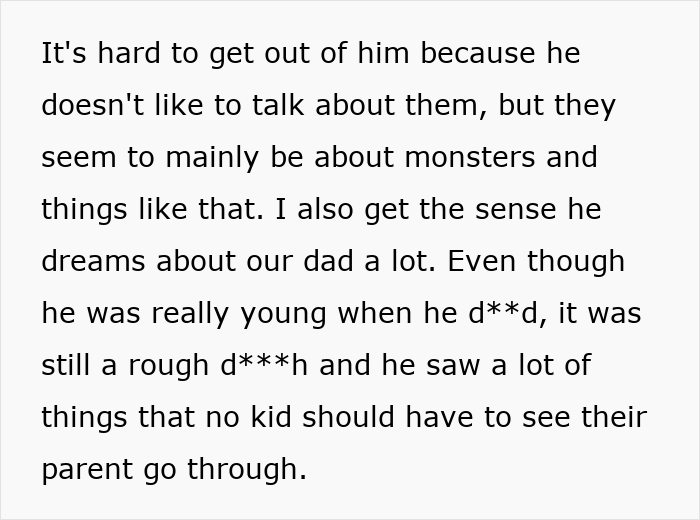 Text excerpt about a scared 9YO bro having nightmares, leading his sister to let him sleep in her bed.