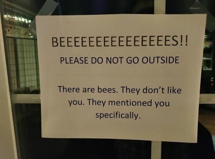 Sign warning about bees outside, humorously stating the bees do not like you and mentioned you specifically.