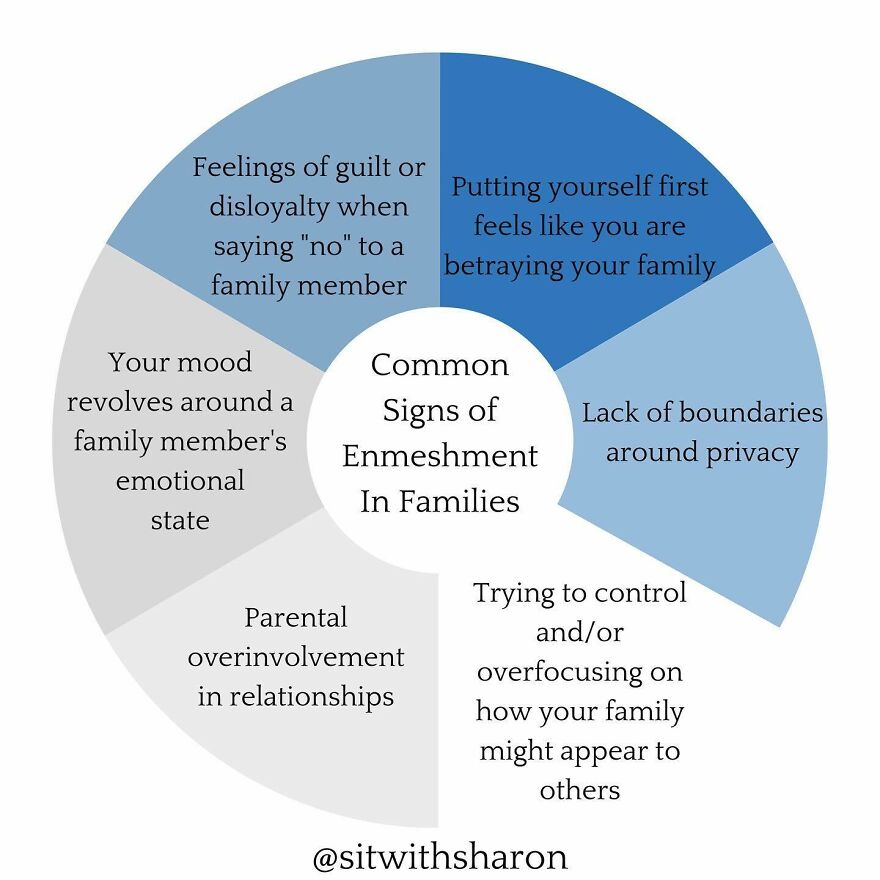 Chart showing common signs of family enmeshment including lack of boundaries, parental overinvolvement, and emotional control issues.