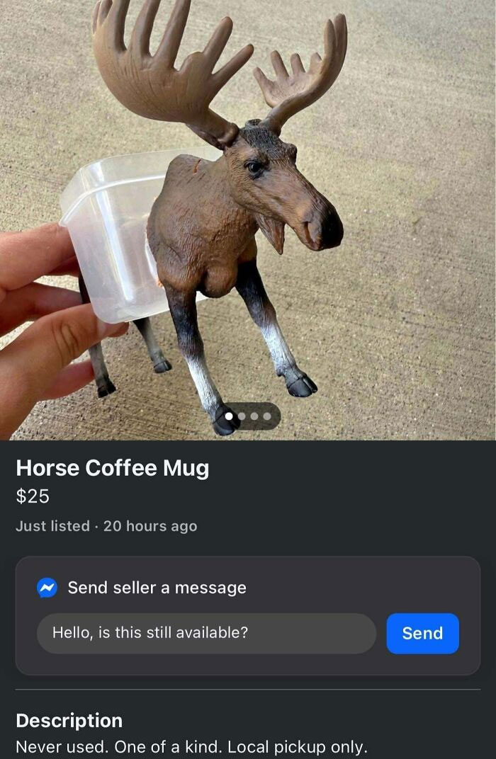 Unusual coffee mug shaped like a moose with antlers, listed among bizarre things people are selling online.