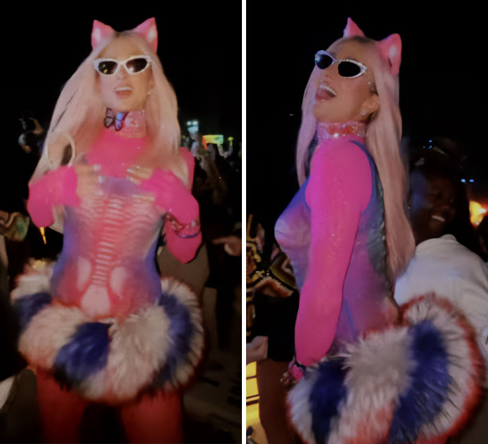 Person wearing a bright pink outfit with cat ears and a fluffy red white and blue skirt at Coachella Weekend 2 fashion fails event.