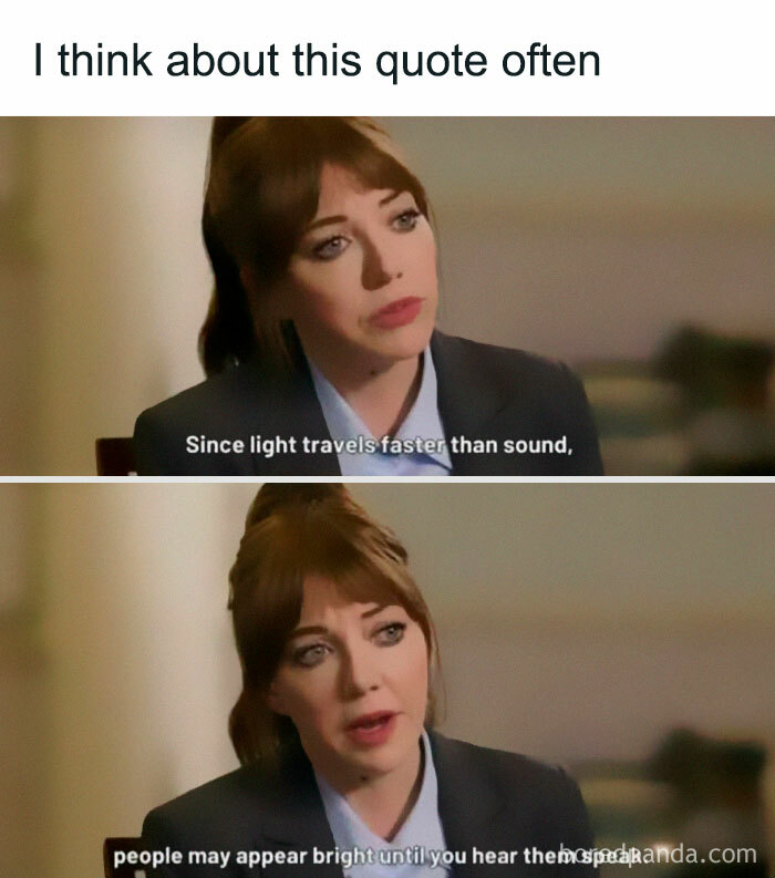 Woman in a suit sharing a relatable meme about adulthood and how people may seem bright until they speak.