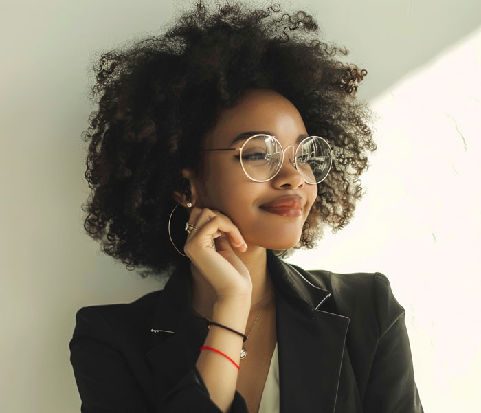 A smiling Black woman with curly hair and round glasses, wearing a blazer, thoughtfully reflecting on favorite things.